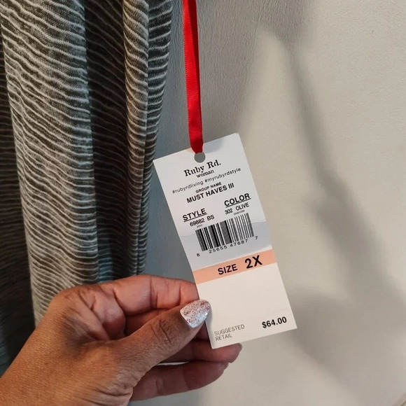 Ruby Rd Olive Green Striped Dress Women Size 2X Cold Shoulder Short Sleeve NEW - Picture 4 of 9